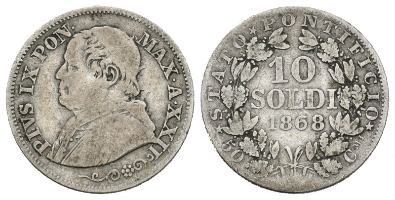 Italia. Estados Papales. Pio IX. 10 soldi. 1868 (Año XXII). (Km-1376). (Mont-390...
