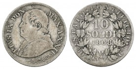 Italia. Estados Papales. Pio IX. 10 soldi. 1868 (Año XXII). (Km-1376). (Mont-390). Ag. 2,41 g. BC. Est...15,00.