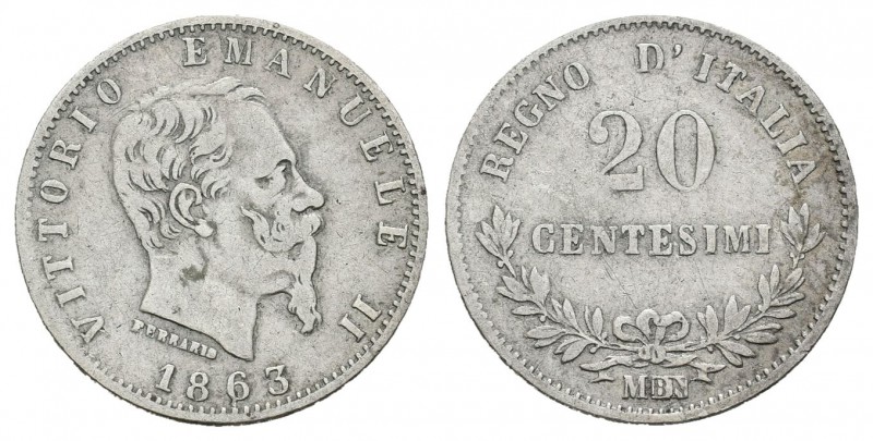 Italia. Vittorio Emanuel II. 20 centesimi. 1863. Milán. M. (Km-131.1). (Pagani-5...