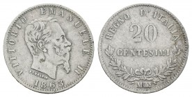 Italia. Vittorio Emanuel II. 20 centesimi. 1863. Milán. M. (Km-131.1). (Pagani-535). (Mont-226). 0,95 g. BC+. Est...15,00.