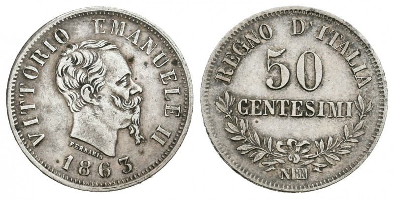 Italia. Vittorio Emanuel II. 50 centesimi. 1863. Nápoles. N BN. (Km-14). (Pagani...