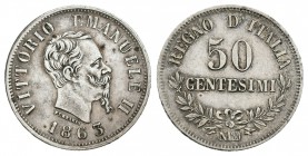 Italia. Vittorio Emanuel II. 50 centesimi. 1863. Nápoles. N BN. (Km-14). (Pagani-528). (Mont-218). Ag. 2,55 g. MBC+. Est...35,00.