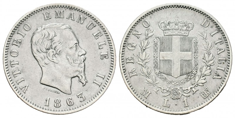 Italia. Vittorio Emanuel II. 1 lira. 1863. Milan. M. (Km-5a). Ag. 4,95 g. Limpia...