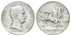 Italia. Vittorio Emanuel III. 1 lira. 1916. Roma. R. (Cal-57). Ag. 4,98 g. EBC-. Est...60,00.