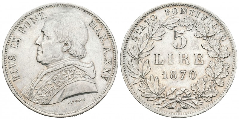 Italia. Estados Papales. Pío IX. 5 liras. 1848 (Año XXV). Roma. R. (Km-1385). (M...