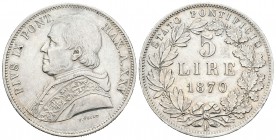 Italia. Estados Papales. Pío IX. 5 liras. 1848 (Año XXV). Roma. R. (Km-1385). (Mont-363). (Pagani-550). 24,95 g. EBC-. Est...110,00.