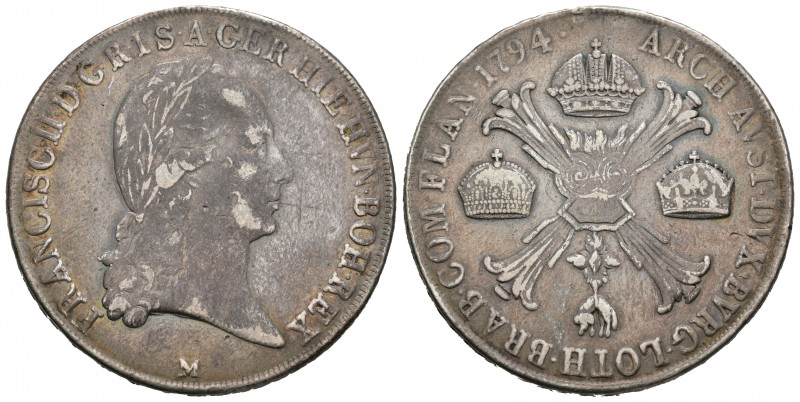 Italia. Franz II. Kronenthaler. 1794. Milan. (Km-59.1). Ag. 29,04 g. Resto de so...