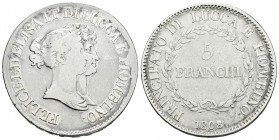 Italia. Ducado de Lucca. Felix y Elisa (Bonaparte). 5 franchi. 1808/7. (Km-24.3). Ag. 24,41 g. Golpe en canto. Muy escasa. BC. Est...125,00.