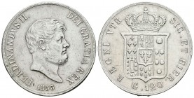 Italia. Reino de las dos Sicilias. Ferdinando II. Piastra (120 grana). 1855. (Km-370). (Pagani-84). (Mont-821). Ag. 27,42 g. Rayitas. MBC+. Est...45,0...