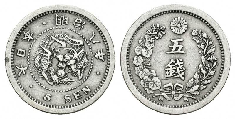 Japón. Mutsuhito. 5 sen. 1875 (año 8). (W-Y22). Ag. 1,35 g. MBC. Est...30,00.