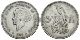 Luxemburgo. Charlotte. 5 francos. 1929. (Km-38). Ag. 7,88 g. MBC-. Est...15,00.