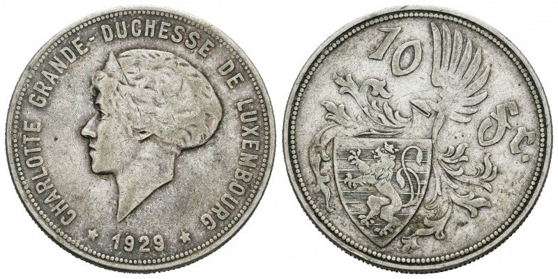 Luxemburgo. Charlotte. 10 francos. 1929. (Km-39). Ag. 13,17 g. BC+. Est...12,00.