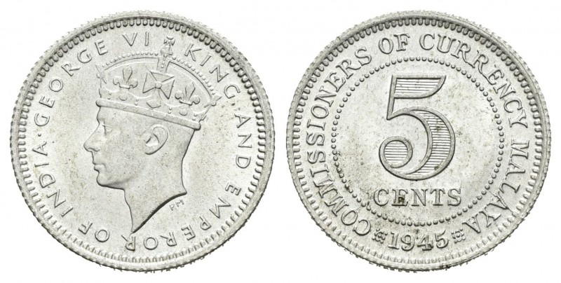 Malasia. George VI. 5 cents. 1945. (Km-3a). Ag. 1,36 g. EBC+. Est...18,00.
