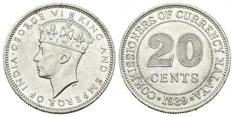 Malasia. George VI. 20 cents. 1939. (Km-5a). Ag. 5,37 g. EBC+. Est...25,00.
