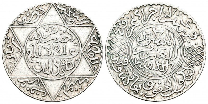 Marruecos. Abd-al-Aziz. 5 dirhems (1/2 rial). 1321 H (1903). Londres. (Km-21.2)....