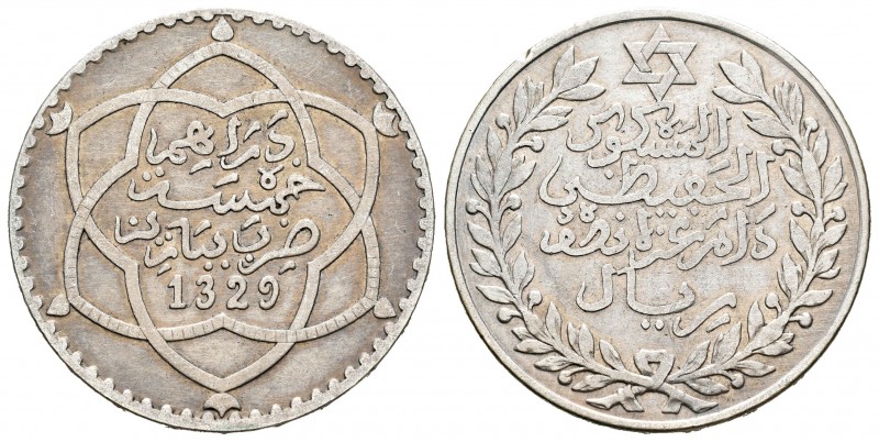Marruecos. Abd al-Hafiz (1326-1330 H) (1908-1912). 5 dirhams (1/2rial). 1329 H (...