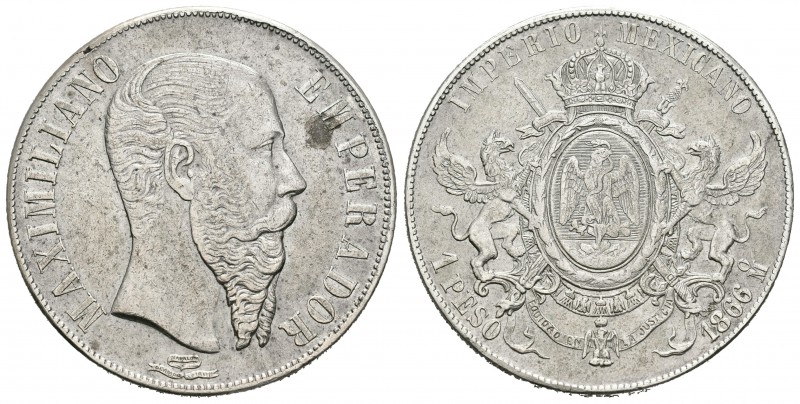 México. Maximiliano. 1 peso. 1866. México. (Km-388.1). Ag. 27,03 g. MBC+. Est......