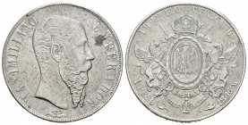 México. Maximiliano. 1 peso. 1866. México. (Km-388.1). Ag. 27,03 g. MBC+. Est...90,00.