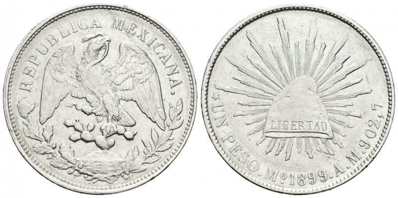México. 1 peso. 1899. México. AM. (Km-409.2). Ag. 27,03 g. MBC+. Est...25,00.