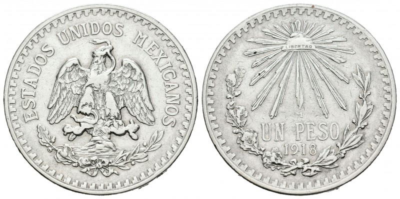 México. 1 peso. 1918. México. M. (Km-454). Ag. 17,92 g. MBC. Est...35,00.