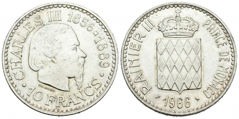 Mónaco. Rainiero III. 10 francos. 1966. (Km-146). Ag. 25,00 g. 100º Aniversario ...