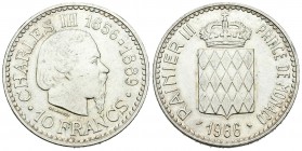Mónaco. Rainiero III. 10 francos. 1966. (Km-146). Ag. 25,00 g. 100º Aniversario de la Coronación de Charles III. Brillo original. SC-. Est...45,00.