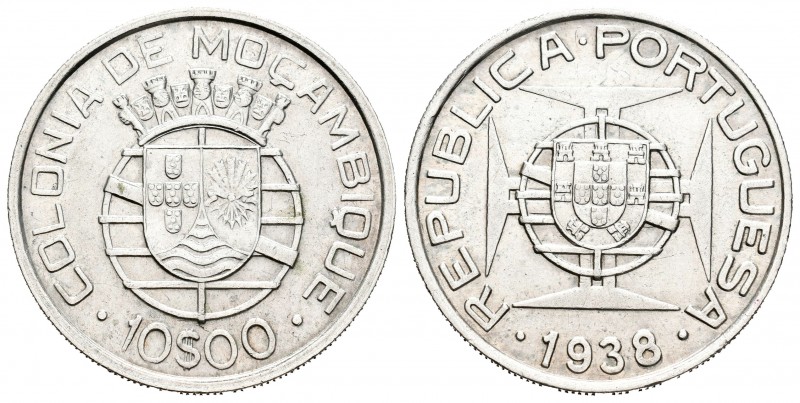 Mozambique. 10 escudos. 1938. (Km-70). Ag. 12,50 g. Ligeramente limpiada. EBC. E...