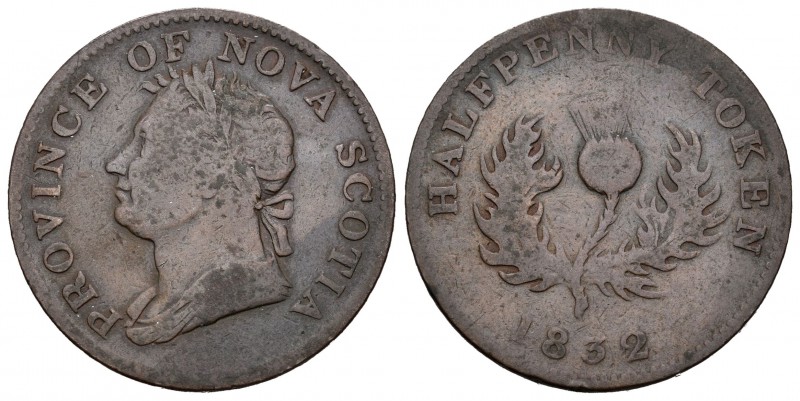 Nueva Escocia. 1/2 penny - Token. 1832. (Km-1). Ae. 7,99 g. BC. Est...10,00.