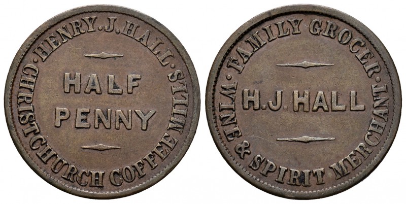 Nueva Zelanda. 1/2 penny - Token. (Cal-Tn25). Ae. 8,18 g. CHRISTCHURCH HENRY J. ...