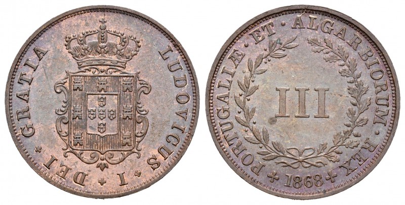 Portugal. Luiz I. 3 reis. 1868. (Km-517). 3,91 g. Restos de brillo original. EBC...