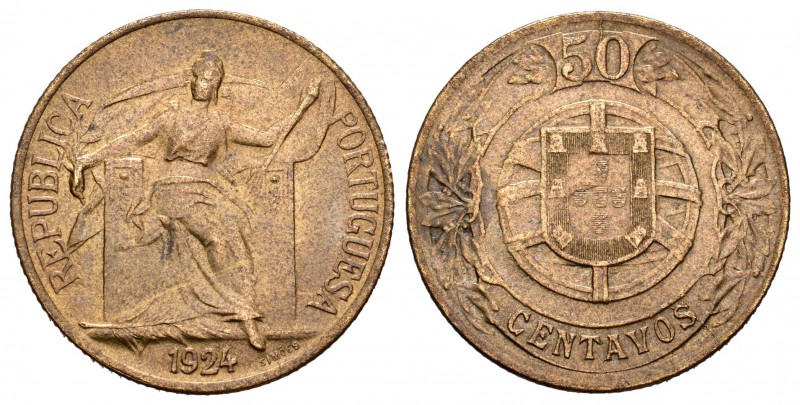 Portugal. 50 centavos. 1924. (Km-575). (Gomes-19.01). Ae. 4,07 g. Buen ejemplar....