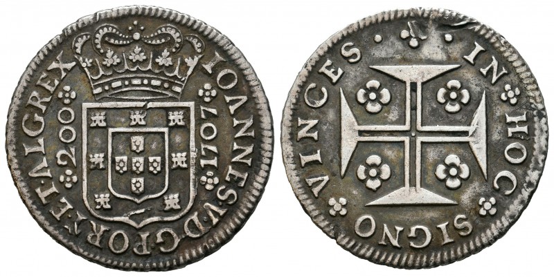 Portugal. Joao V. 200 reis. 1707. (Km-181). 8,41 g. Raya en reverso. Muy escasa....
