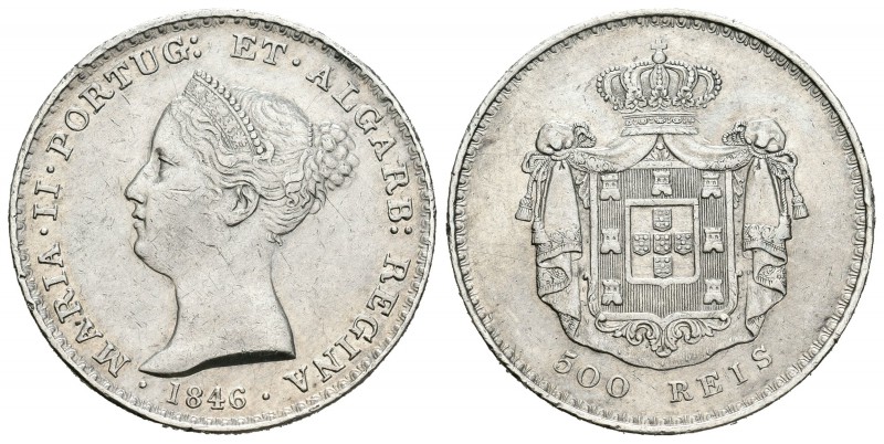 Portugal. María II. 500 reis. 1848. (Km-471). (Gomes-39.14). Ag. 14,76 g. Golpec...
