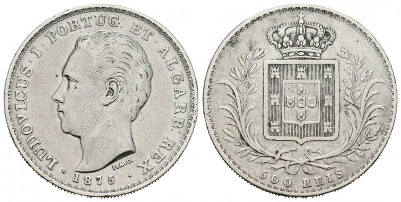 Portugal. Luiz I. 500 reis. 1875. (Km-509). (Gomes-12.10). Ag. 12,31 g. Limpiada...