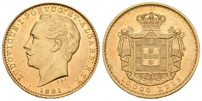 Portugal. Luiz I. 10000 reis. 1881. (Km-520). (Gomes-17.06). Au. 17,61 g. Restos...