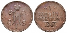 Rusia. Nicholas I. 1 kopeck. 1840. San Petesburgo. (Km-144.4). Ae. 10,03 g. MBC. Est...20,00.