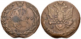 Rusia. Catherine II. 5 kopecks. 1779. Ekaterinburg. EM. (Km-C59.3). (Bitkin-630). Ae. 50,17 g. MBC-. Est...12,00.