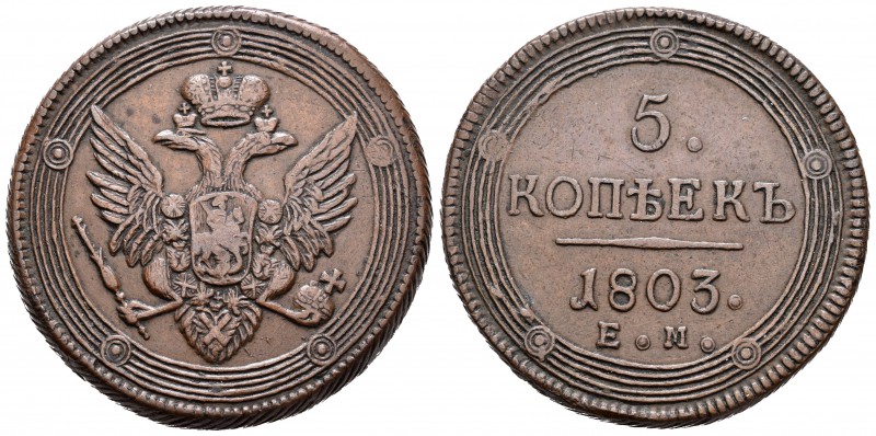 Rusia. Alexander I. 5 kopecks. 1803. Ekaterinburg. EM. (Km-C115.1). (Bitkin-112)...