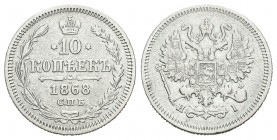 Rusia. Alexander II. 10 kopecks. 1868. San Petesburgo. (Km-Y20a.1). (Bitkin-252). Ag. 1,77 g. MBC-. Est...20,00.