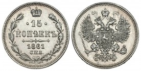 Rusia. Nicholas II. 15 kopecks. 1861. San Petesburgo. (Km-Y21). (Bitkin-290). Ag. 3,06 g. Sin marcas de ensayador. Rara. EBC+. Est...80,00.