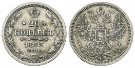 Rusia. Alexander III. 20 kopeks . 1883. San Petesburgo. AC. (Km-Y22a). Ag. 3,61 g. MBC. Est...10,00.