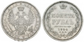 Rusia. Nicholas I. 1 rublo. 1854. San Petesburgo. HI. (Km-168.1). (Bitkin-234). Ag. 20,67 g. EBC-. Est...120,00.