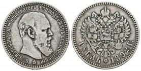 Rusia. Alexander III. 1 rublo. 1892. San Petesburgo. (Km-Y46). (Bitkin-76). Ag. 19,68 g. MBC-/MBC. Est...110,00.