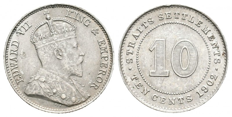 Straits Settlements. Edward VII. 10 cents. 1902. (Km-21). Ag. 2,70 g. Golpecito ...