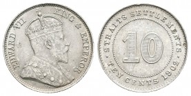 Straits Settlements. Edward VII. 10 cents. 1902. (Km-21). Ag. 2,70 g. Golpecito en el canto. EBC-. Est...25,00.