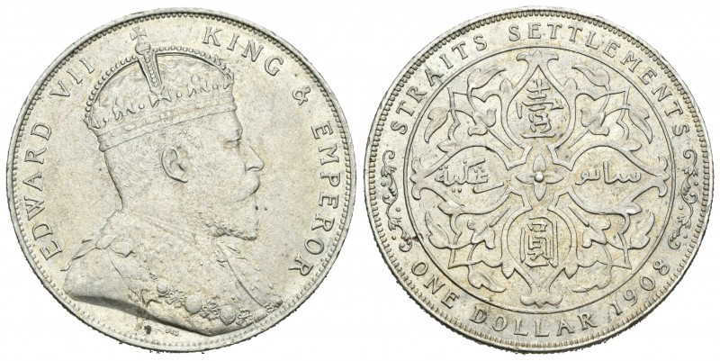 Straits Settlements. Edward VII. 1 dollar. 1908. (Km-26). Ag. 20,19 g. Brillo or...