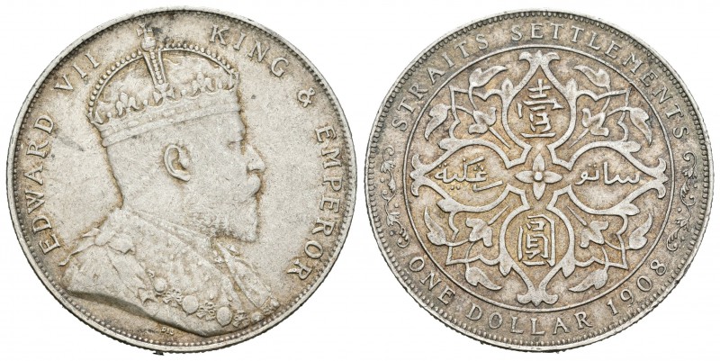 Straits Settlements. George V. 1 dollar. 1908. (Km-26). Ag. 20,16 g. MBC+/EBC-. ...