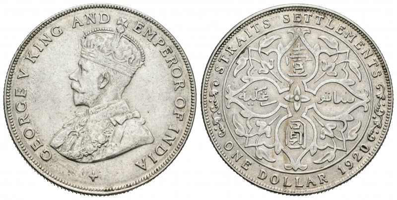 Straits Settlements. George V. 1 dollar. 1920. (Km-33). Ag. 16,91 g. EBC-/EBC. E...