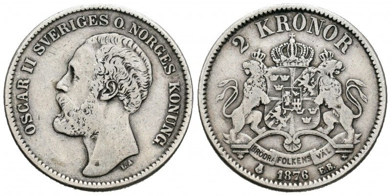 Suecia. Oscar II. 2 coronas. 1876. EB. (Km-742). Ag. 14,79 g. BC+. Est...30,00.