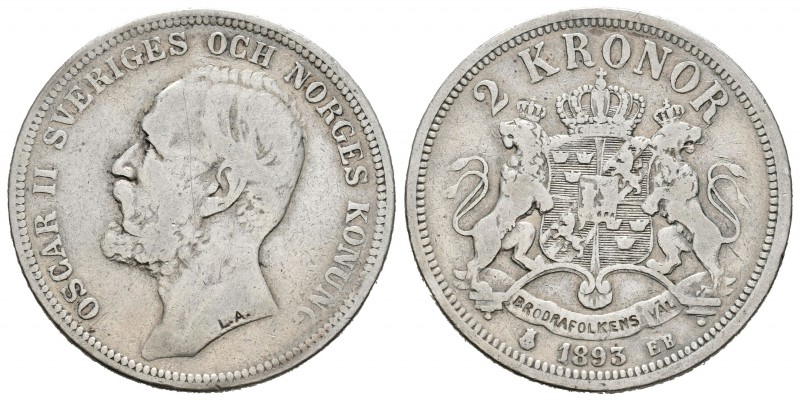 Suecia. Oscar II. 2 coronas. 1893. EB. (Km-761). Ag. 14,71 g. Escasa. BC+. Est.....